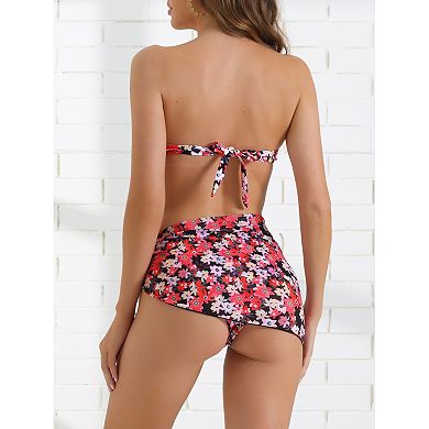 2 Sets Women's Floral Print Bandeau Bikini Set, 3Pc Tie Back Swimwear Triangle Bottoms Bathing Suit