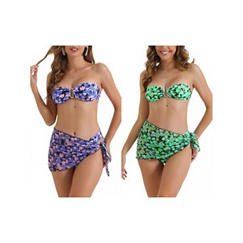 2 Sets Women's Floral Print Bandeau Bikini Set, 3 pc Tie Back Swimwear Triangle Bottoms Bathing Suit