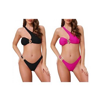 2 Sets Women's Asymmetric One Shoulder Strap Metallic Ring Bikini Sets, 2 pc Triangle Bottom Suits