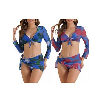 2 Sets Women's Drawstring Halter Bikini Sets, 4 pc Tie Back Swimsuit Triangle Bottoms Cover Up Tops