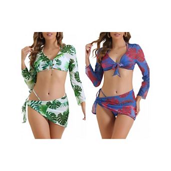 2 Sets Women's Drawstring Halter Bikini Sets, 4 pc Tie Back Swimsuit Triangle Bottoms Cover Up Tops