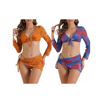 2 Sets Women's Drawstring Halter Bikini Sets, 4 pc Tie Back Swimsuit Triangle Bottoms Cover Up Tops
