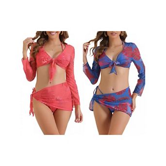 2 Sets Women's Drawstring Halter Bikini Sets, 4 pc Tie Back Swimsuit Triangle Bottoms Cover Up Tops