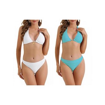 2 Sets Women's Halter Ribbed Bikini Sets, 2 pc Wide Strap Tie Back Triangle Bottoms Swimwear Suits