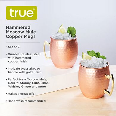 Hammered Moscow Mule Copper Mugs, 2 Pack, by True