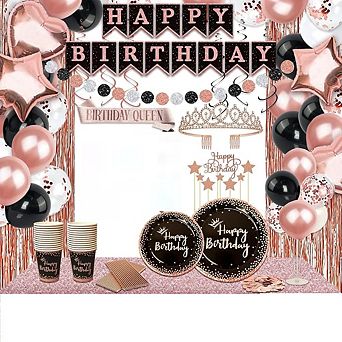 Rose Gold Black Birthday Set 214 pc Full Party Pack for 25 Guests with Banner & Decor