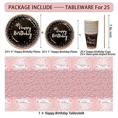 Rose Gold Black Birthday Set 214pcs Full Party Pack for 25 Guests with Banner & Decor