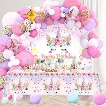Enchanted Unicorn Party Kit 106 pc Balloon Arch, Table Cover for Special Event