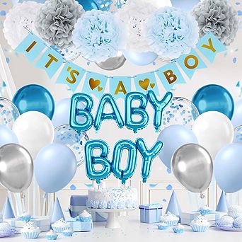 Blue & Grey Party Decor Kit, Silver Balloons, Pom Poms & Banner for Shower or Birthday