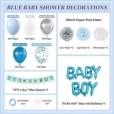 Blue & Grey Party Decor Kit, Silver Balloons, Pom Poms & Banner for Shower or Birthday