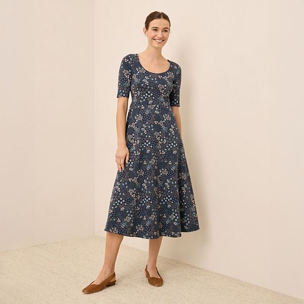 Pact Women's Organic Cotton Fit & Flare Scoop Midi Dress - Mountain Meadow Midnight Blue