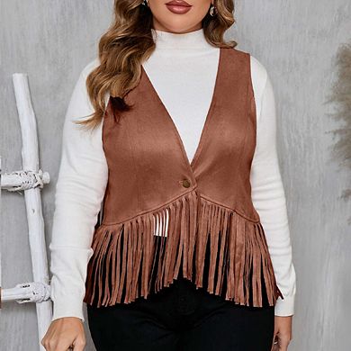 Women's Plus Size Studded Fringe Trim Open Front Sleeveless Faux Suede Vest Jacket