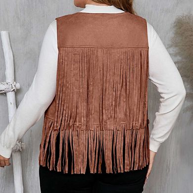 Women's Plus Size Studded Fringe Trim Open Front Sleeveless Faux Suede Vest Jacket