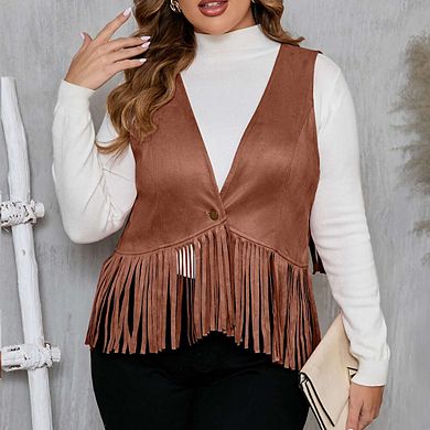 Women's Plus Size Studded Fringe Trim Open Front Sleeveless Faux Suede Vest Jacket
