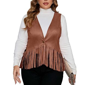 Women's Plus Size Studded Fringe Trim Open Front Sleeveless Faux Suede Vest Jacket