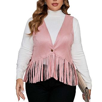 Women's Plus Size Studded Fringe Trim Open Front Sleeveless Faux Suede Vest Jacket
