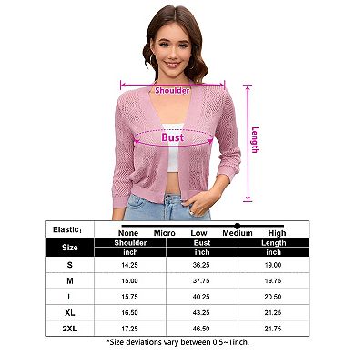 Women's 3/4 Sleeve Crochet Knit Open Front Cardigan Cropped Shrug Bolero Lightweight Sweaters Tops