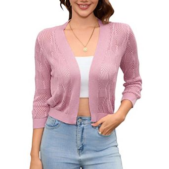 Women's 3/4 Sleeve Crochet Knit Open Front Cardigan Cropped Shrug Bolero Lightweight Sweaters Tops