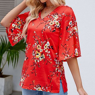 Women's 3/4 Sleeve Tunic Tops Casual V Neck Shirts Floral Printed Loose Fit Pleated Blouses