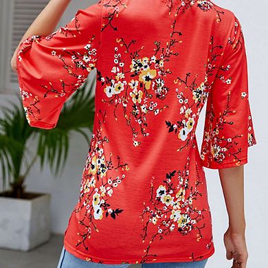 Women's 3/4 Sleeve Tunic Tops Casual V Neck Shirts Floral Printed Loose Fit Pleated Blouses