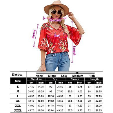 Women's 3/4 Sleeve Tunic Tops Casual V Neck Shirts Floral Printed Loose Fit Pleated Blouses