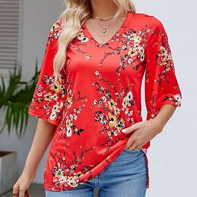 Women's 3/4 Sleeve Tunic Tops Casual V Neck Shirts Floral Printed Loose Fit Pleated Blouses