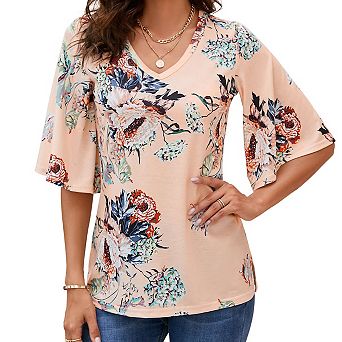 Women's 3/4 Sleeve Tunic Tops Casual V Neck Shirts Floral Printed Loose Fit Pleated Blouses