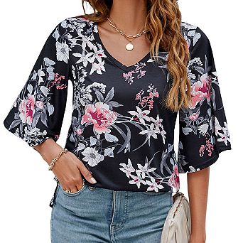 Women's 3/4 Sleeve Tunic Tops Casual V Neck Shirts Floral Printed Loose Fit Pleated Blouses