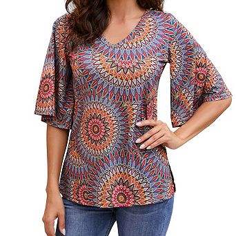 Women's 3/4 Sleeve Tunic Tops Casual V Neck Shirts Floral Printed Loose Fit Pleated Blouses
