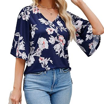 Women's 3/4 Sleeve Tunic Tops Casual V Neck Shirts Floral Printed Loose Fit Pleated Blouses