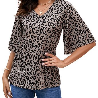 Women's 3/4 Sleeve Tunic Tops Casual V Neck Shirts Floral Printed Loose Fit Pleated Blouses