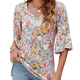 Women's 3/4 Sleeve Tunic Tops Casual V Neck Shirts Floral Printed Loose Fit Pleated Blouses