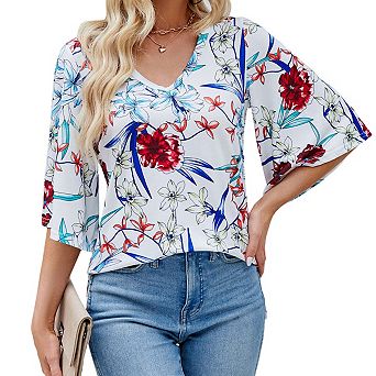 Women's 3/4 Sleeve Tunic Tops Casual V Neck Shirts Floral Printed Loose Fit Pleated Blouses
