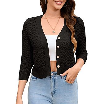 Women's Lightweight Crochet Cardigan 3/4 Sleeve Cropped V Neck Button Shrug Knit Sweater Tops