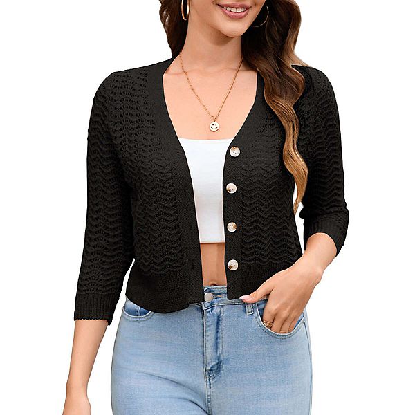 Women's Lightweight Crochet Cardigan 3/4 Sleeve Cropped V Neck