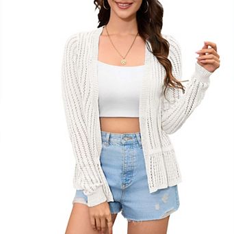 Women's Hollow Out Cardigan Sweater Crochet Knit Shrugs Long Sleeves with Ruffled Hem