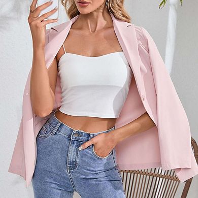 Casual Blazer Jackets for Women Long Sleeve Open Front Button Work Office Suit Jacket with Pockets