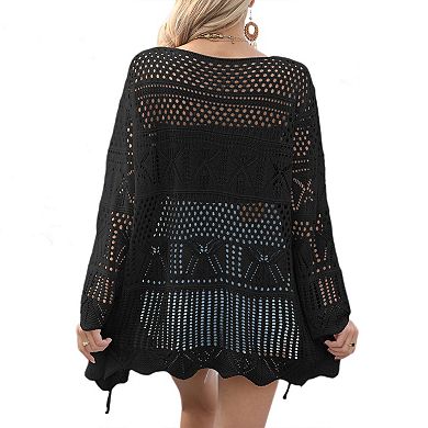 Women Crochet Cardigans Tie Front Long Sleeve Lightweight Oversized Hollow Out Summer Cover Up