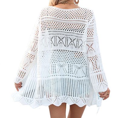 Women Crochet Cardigans Tie Front Long Sleeve Lightweight Oversized Hollow Out Summer Cover Up