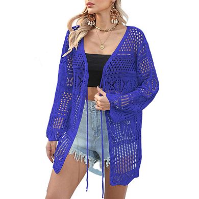 Women Crochet Cardigans Tie Front Long Sleeve Lightweight Oversized Hollow Out Summer Cover Up