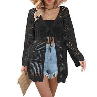 Women Crochet Cardigans Tie Front Long Sleeve Lightweight Oversized Hollow Out Summer Cover Up