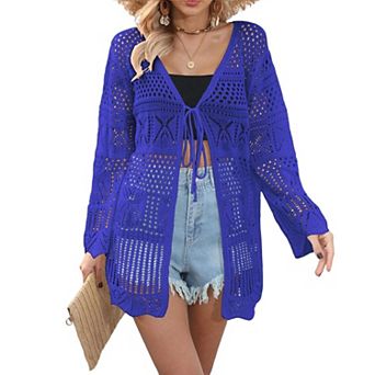 Women Crochet Cardigans Tie Front Long Sleeve Lightweight Oversized Hollow Out Summer Cover Up