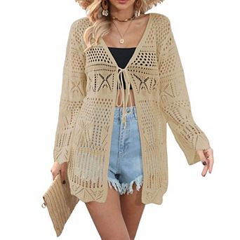 Women Crochet Cardigans Tie Front Long Sleeve Lightweight Oversized Hollow Out Summer Cover Up