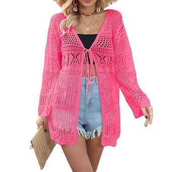Women Crochet Cardigans Tie Front Long Sleeve Lightweight Oversized Hollow Out Summer Cover Up