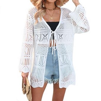 Women Crochet Cardigans Tie Front Long Sleeve Lightweight Oversized Hollow Out Summer Cover Up