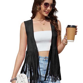 Women's Fringe Vest 70s Hippie Faux Suede Tassels Sleeveless Fringe Jacket