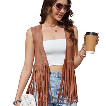 Women's Fringe Vest 70s Hippie Faux Suede Tassels Sleeveless Fringe Jacket