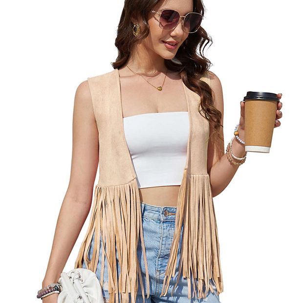 Women's Fringe Vest 70s Hippie Faux Suede Tassels Sleeveless