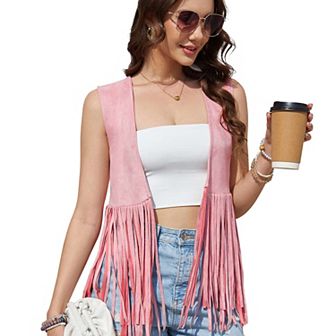 Women's Fringe Vest 70s Hippie Faux Suede Tassels Sleeveless Fringe Jacket