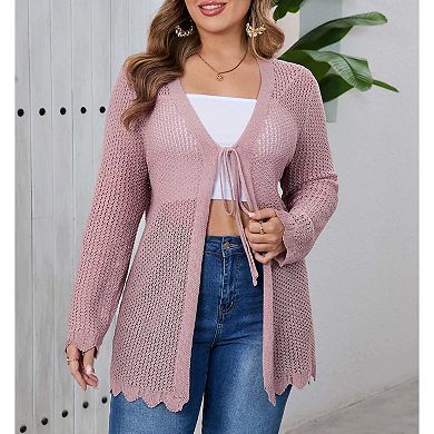 Women's Plus Size Crochet Cardigan Lightweight Long Sleeve Tie Front Hollow Out Thin Long Cardigan